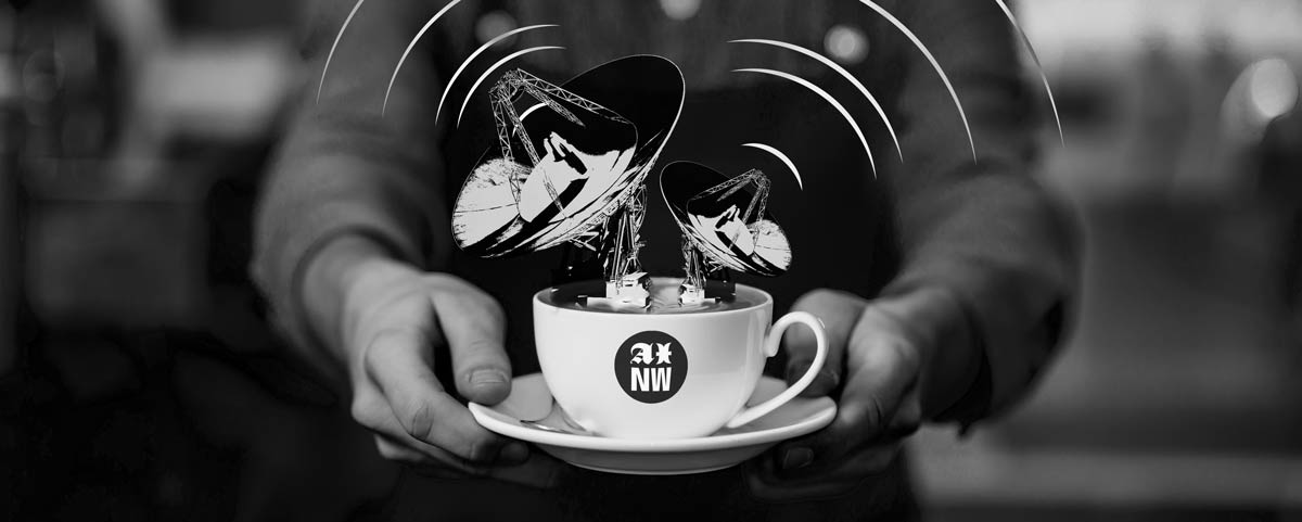 AI Northwest coffee cup with satellite dish antennas broadcasting radio waves